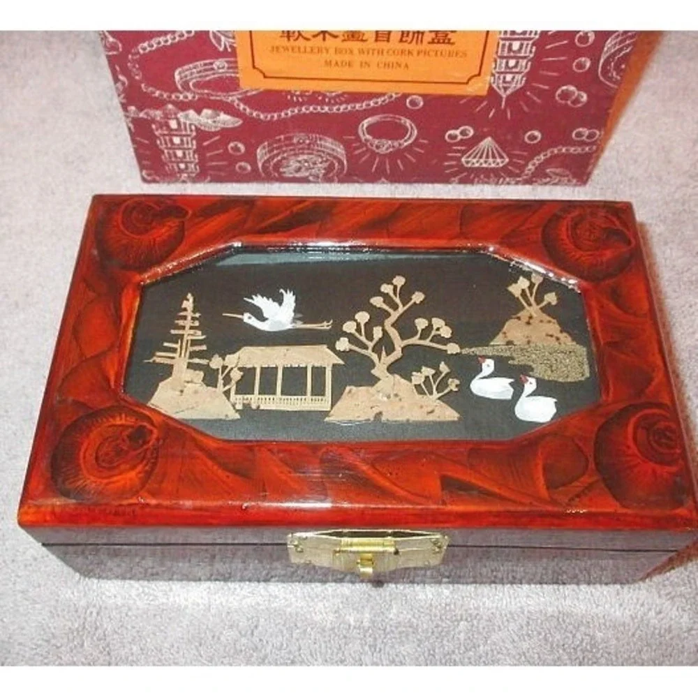 Vintage Wood Jewelry Box Asian Diorama Lacquered Cork Velvet Lined Glass Lid NEW